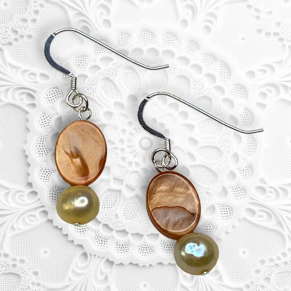 Hand Crafted Pearl Earrings Yellow Orange Freshwater Dangle Authentic Pierced - Picture 2 of 5